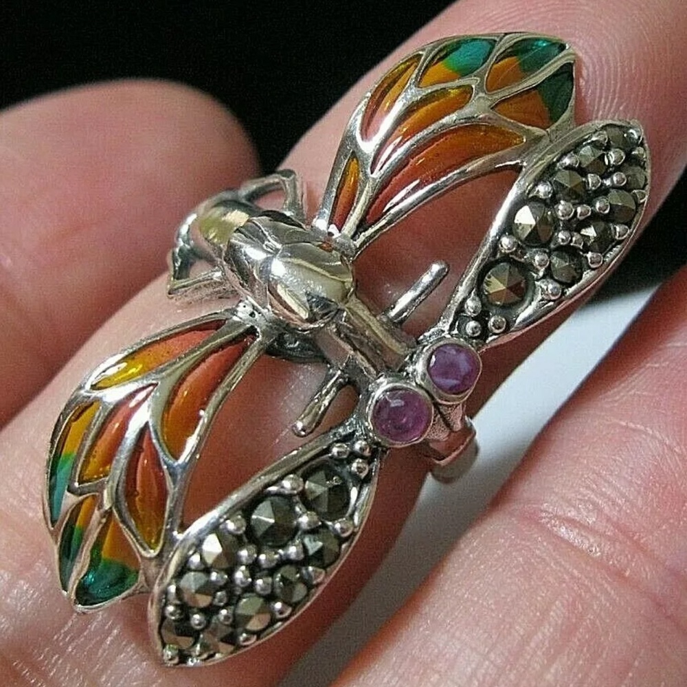Dragonfly ring sterling silver marcasite and plique a jour Art Deco style new